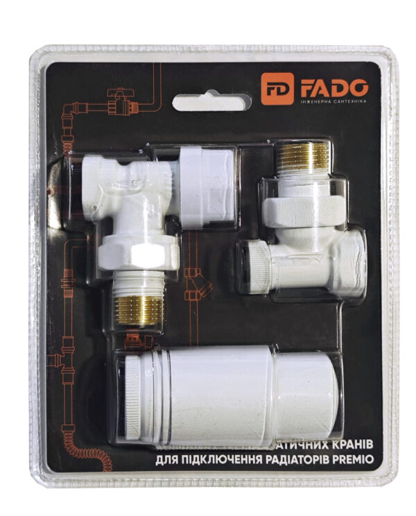 Комплект термостатичних кранів для підлючення радіаторів FADO PREMIO, кутовий білий